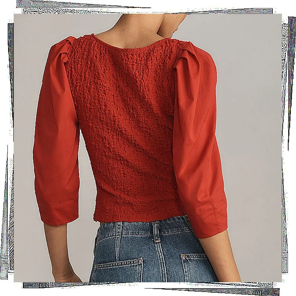 NWT: Red Lightweight Smocked Square Neck Button Front Cardigan (M)